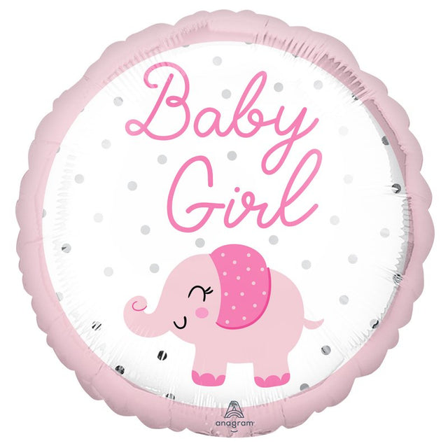 Cute 45cm foil balloon featuring a baby girl elephant, perfect for baby showers and birthday celebrations.