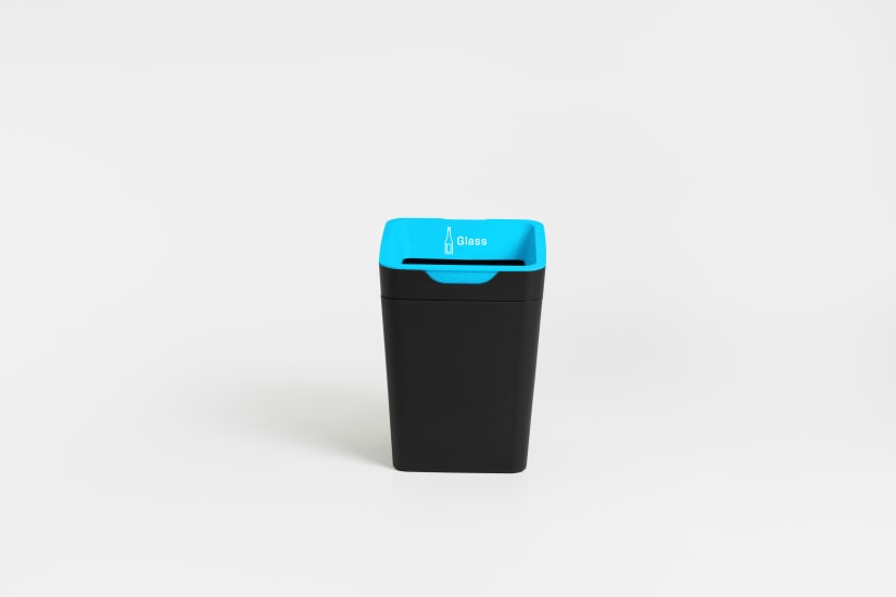 Stylish 20L blue glass recycling bin with color-coded lid, ideal for efficient waste sorting in eco-friendly spaces.
