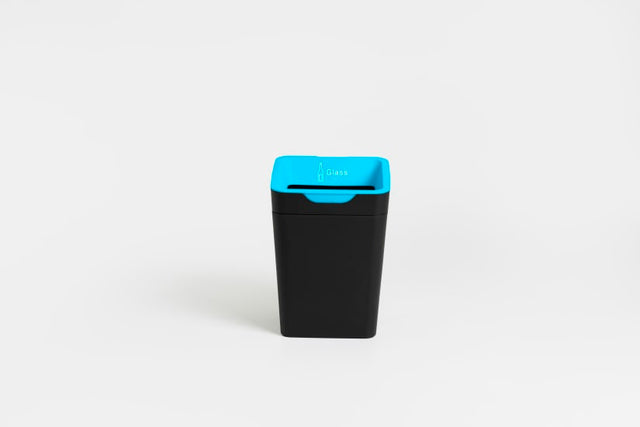 Stylish 20L blue glass recycling bin with color-coded lid, ideal for efficient waste sorting in eco-friendly spaces.