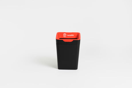 Red 20L landfill waste bin with open lid, designed for offices and kitchens, featuring a bag retainer and clear graphics for easy sorting.