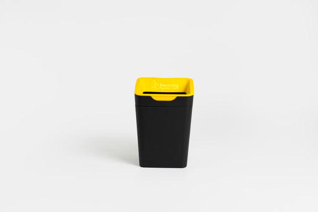 Yellow 20L recycling bin with open lid, designed for easy waste sorting of plastics and cans in compact spaces.