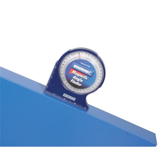 Magnetic angle finder tool with precision measurement of 1/2 degree, ideal for carpentry and construction projects.