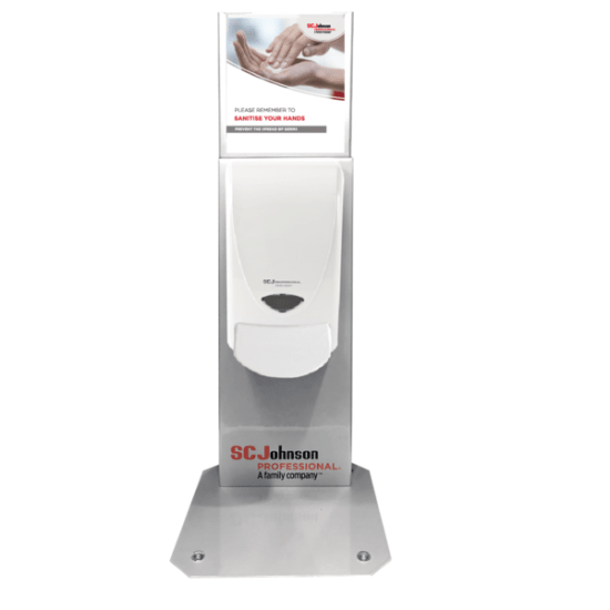 Sleek silver dispenser stand for manual foam sanitizer, featuring strong suction cups and customizable signage options.