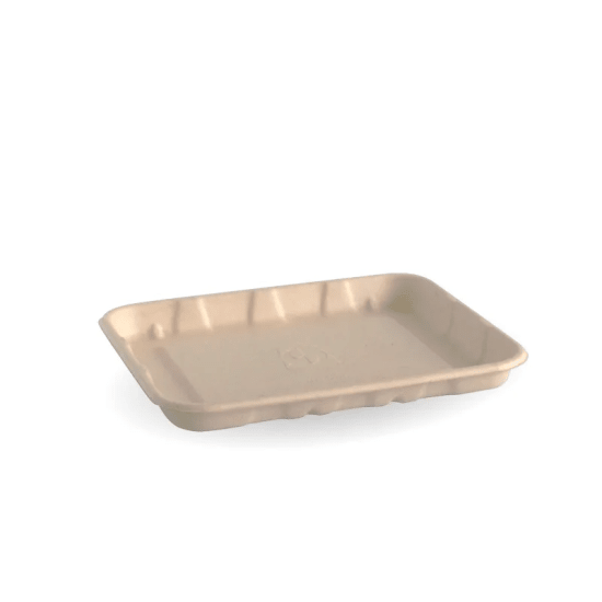 Eco-friendly Biopak BioCane 6x5" produce trays, compostable, made from sugarcane pulp, packed 1000 per case.