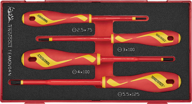 Teng Insulated Screwdriver Set with four flat screwdrivers, designed for safe electrical work in live environments.