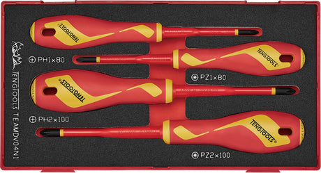 Teng insulated screwdriver set with four tools, safe for live work up to 1,000 volts, organized in high-density foam inlay.