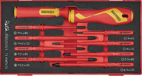 Teng 10-piece Insulated Interchangeable Blade Set for versatile and safe electrical work, organized in color-coded foam inserts.