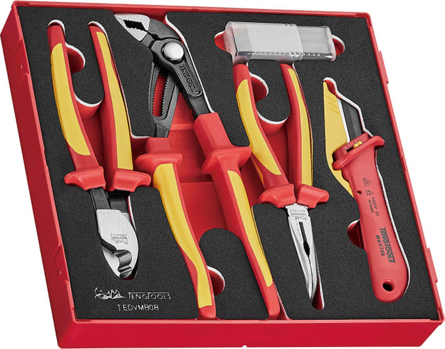 Teng 8-piece insulated plier and knife set, safe up to 1,000 volts, with TRP grips and organized EVA foam insert.