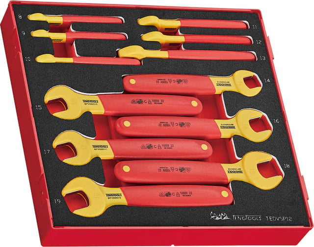 Teng Insulated Spanner Set EVA2 - 12 durable chrome vanadium tools, safe for live work up to 1,000 volts, with ergonomic nonslip handles.