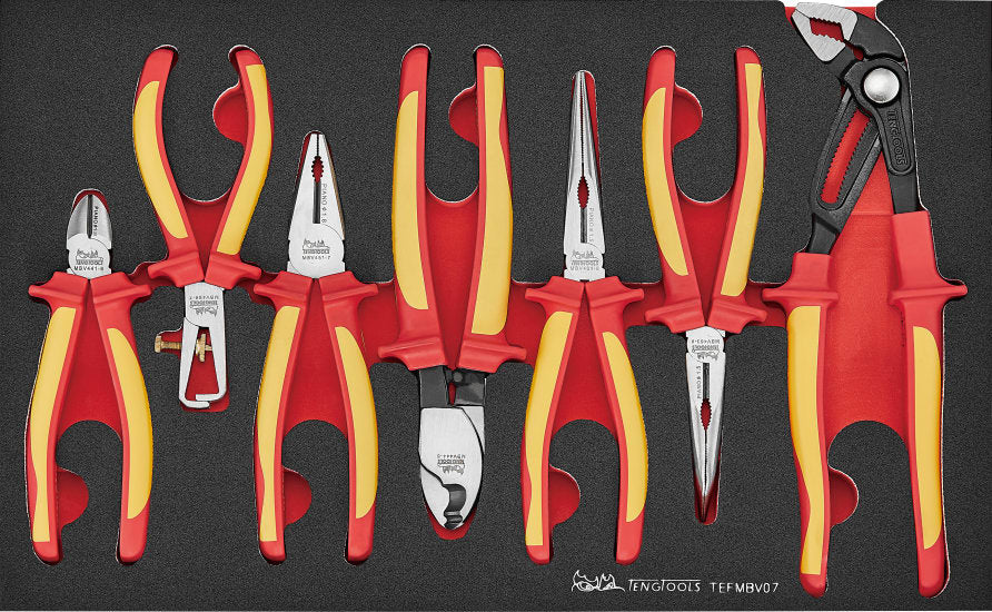 Teng Insulated Plier Set EVA3 features 7 tools, TRP grip, and safe for live work up to 1000 volts, organized in EVA foam.