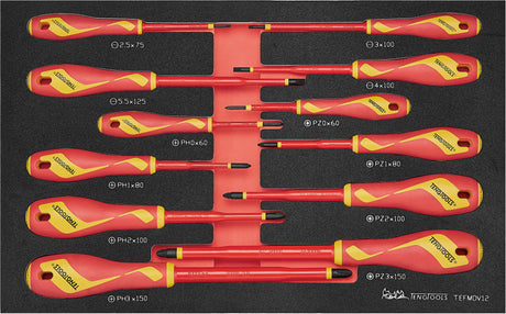 12-piece Teng Screwdriver Set, insulated for live use up to 1,000 volts, featuring color-coded tools for easy organization.