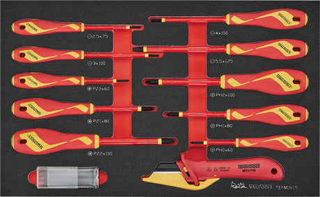 15-piece Teng insulated screwdriver and knife set, certified for 1,000 volts, featuring ergonomic handles and organized EVA foam.