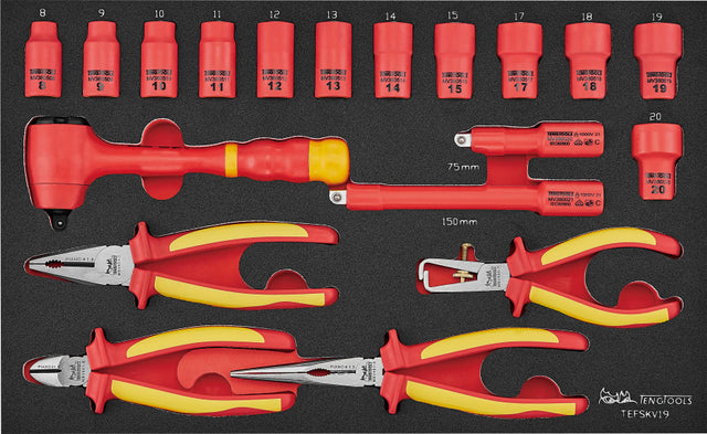 Teng Insulated Socket & Pliers Set with 19 tools, safe for 1,000 volts, featuring ergonomic grips and organized EVA foam case.