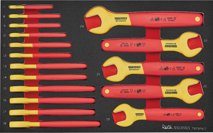 Teng Insulated Spanner Set EVA3 features 17 insulated spanners for electrical work, safe up to 1,000 volts in a portable foam organizer.