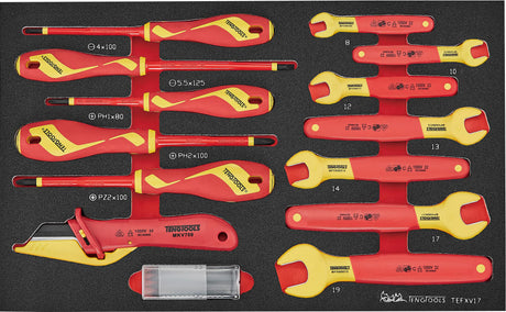 Teng Insulated Spanner & Screwdriver Set EVA3 with spanners and screwdrivers rated for live work up to 1,000 volts, organized in foam.