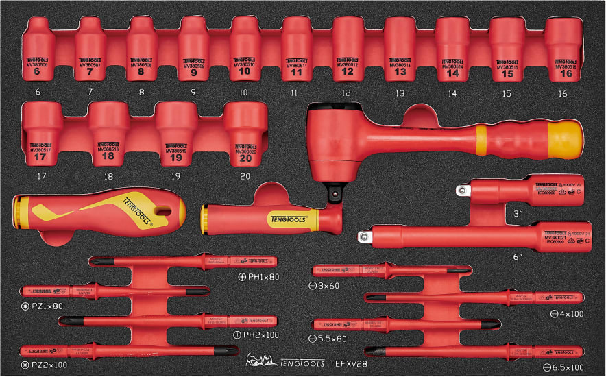 Teng 28-piece insulated socket and screwdriver set designed for electricians with safety features and versatile tool sizes.