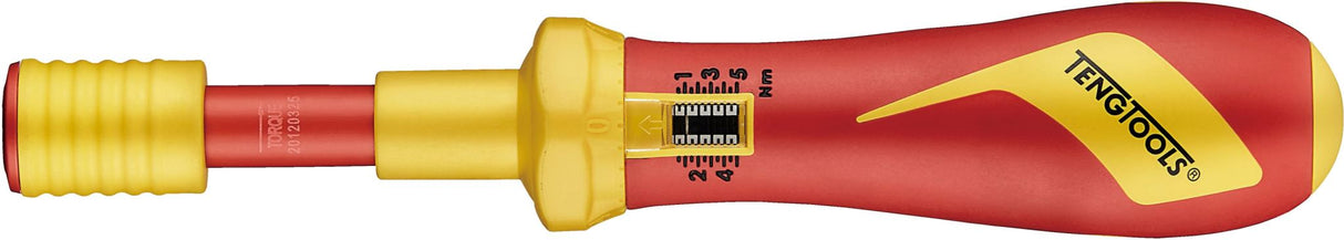 Teng 1000V VDE Torque Screwdriver with 1-5Nm range, ideal for safe live electrical work, featuring a robust Nm scale and safety latch.