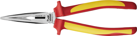 Teng Insulated Long Nose Plier Bent-200mm with long offset jaws and serrated grip, designed for safety in live electrical work.