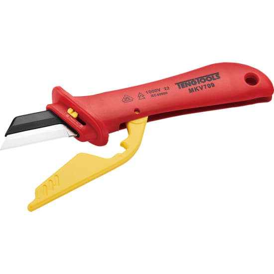 Teng Insulated Knife with blade protector, safe for live work up to 1,000 volts, features a replaceable 45mm blade.