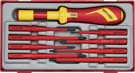 Teng 1000V VDE Torque Screwdriver 9-piece set with thin blades for safe, precise electrical tasks, organized in a tool tray.