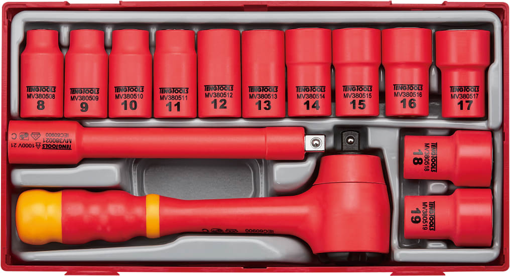 Teng 1000V VDE Insulated Socket Set with 14 pieces, includes ratchet and sockets, designed for safe electrical work up to 1000V.