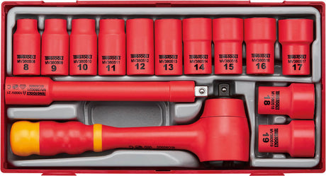 Teng 1000V VDE Insulated Socket Set with 14 pieces, includes ratchet and sockets, designed for safe electrical work up to 1000V.