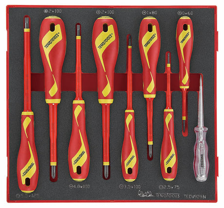 Nine-piece Teng MD 1000V VDE screwdriver set in a TC tray, featuring insulated screwdrivers for safe electrical work.