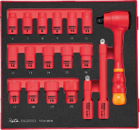 Teng 1000V VDE insulated socket set featuring 18 pieces, organized in foam, designed for safe live work up to 1,000 volts.