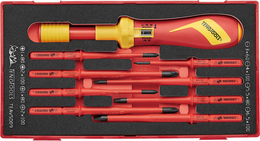 "Teng 1000V VDE Torque Screwdriver Set: 9-piece kit with insulated tools for live electrical work, organized in EVA foam."