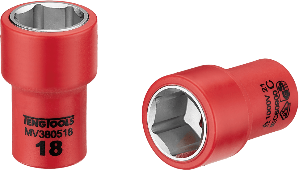 Teng 1000V VDE 3/8in insulated socket-18mm, designed for live work up to 1,000 volts, with color-coded damage detection.