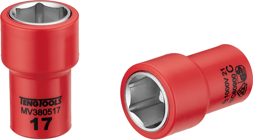 Insulated 17mm socket for live work up to 1,000V, featuring dual-color safety, 6-point grip, and durable Cr-V steel.