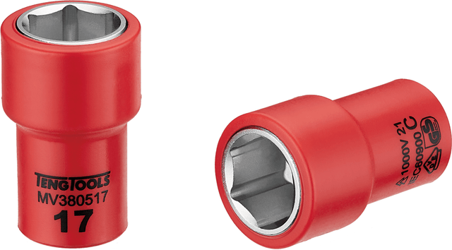 Insulated 17mm socket for live work up to 1,000V, featuring dual-color safety, 6-point grip, and durable Cr-V steel.