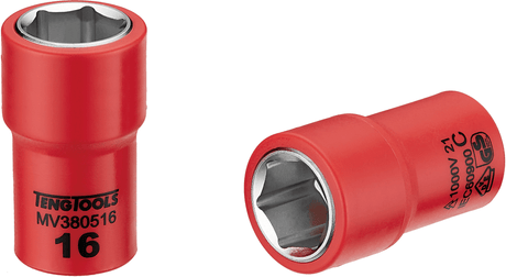 Insulated 16mm Teng socket for live work up to 1000V, featuring chrome vanadium steel and a secure 6-point hex grip.