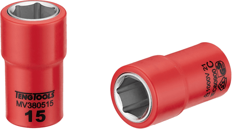 Image of Teng 1000V VDE 3/8in Dr. Insulated Socket-15mm showcasing its dual-color design and chrome vanadium construction for electrical safety.