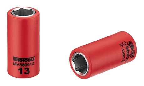 Teng 1000V VDE 3/8in Dr. Insulated Socket-13mm, designed for safety with dual-color insulation and superior grip for high-voltage tasks.