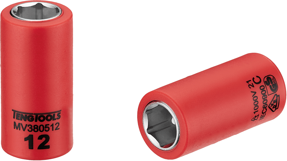 Teng 1000V VDE insulated socket, 12mm, with dual-color indicators and 6-point grip for safe high-voltage electrical work.