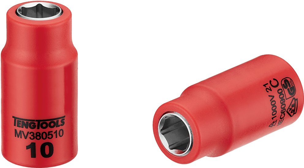 Insulated 10mm socket for live work up to 1000V, featuring dual-color insulation and 6-point grip design.