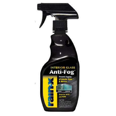 Rain-X Anti-Fog Trigger 355ML bottle, designed to prevent fog on automotive and marine glass surfaces for clear visibility.