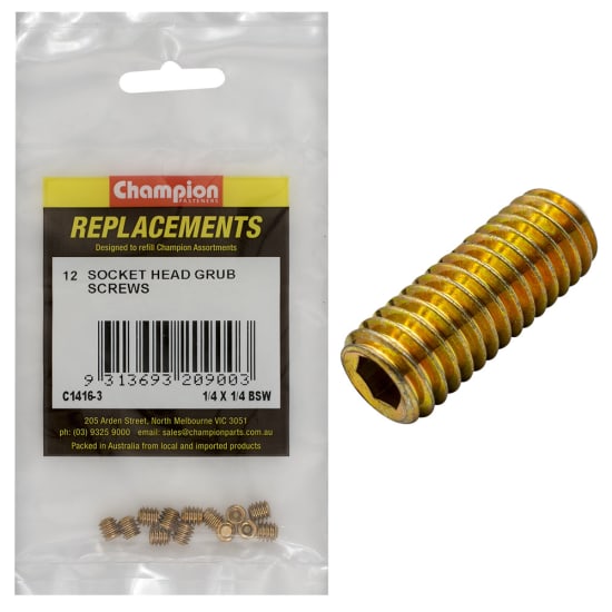 Champion BSW Socket Grub Screw 1/4" x 1/4", 12-pack; durable, precision-engineered for secure fastening in DIY and professional projects.