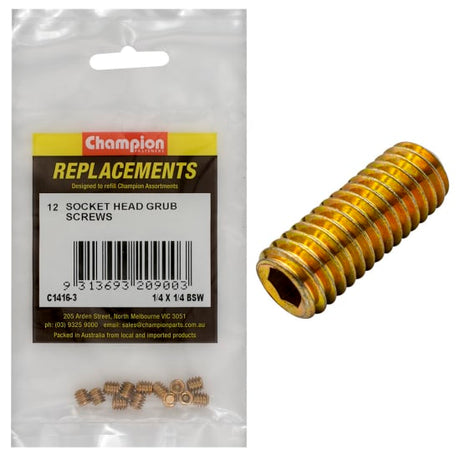 Champion BSW Socket Grub Screw 1/4" x 1/4", 12-pack; durable, precision-engineered for secure fastening in DIY and professional projects.