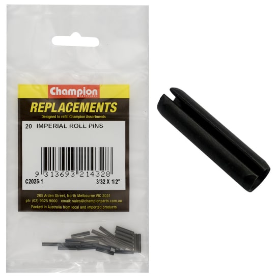 High-quality Champion Imperial roll pins, 3/32" x 1/2", pack of 20, ideal for secure fastening in machinery and DIY projects.