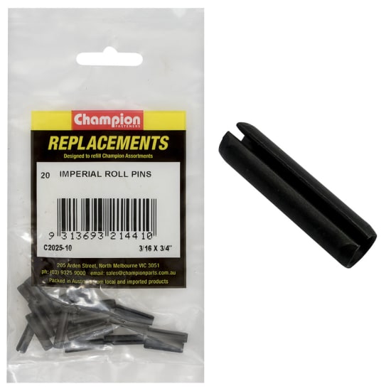 Pack of 20 Champion Imperial Roll Pins, 3/16" x 3/4", durable fastening hardware for automotive and woodworking projects.