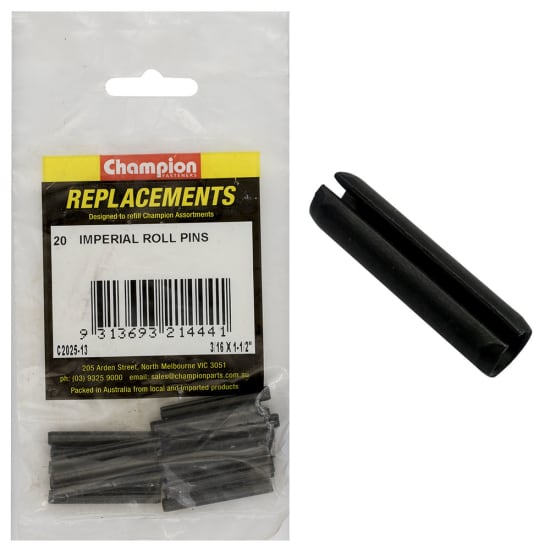 Champion Imperial Roll Pins, 3/16" x 1-1/2", pack of 20; durable fasteners for securing machinery parts efficiently.