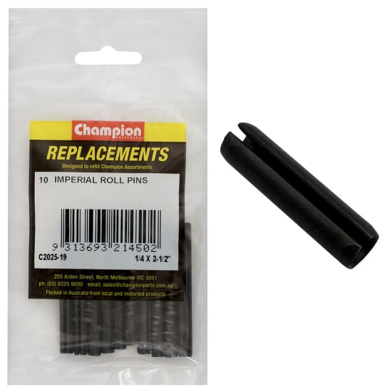 Champion Imperial Roll Pin pack of 10, 1/4" x 2-1/2", designed for secure fastening in various mechanical applications.