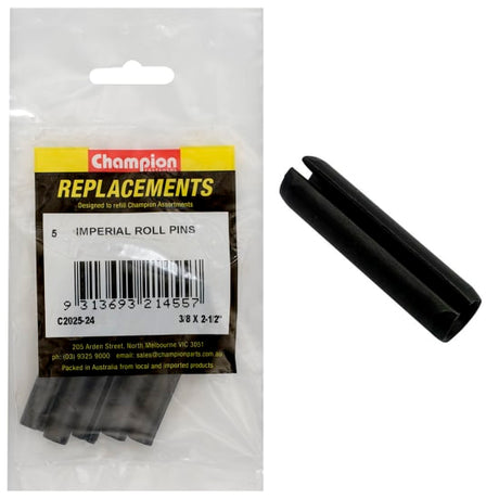 Pack of 5 Champion Imperial Roll Pins, 3/8" x 2-1/2", durable fastening for heavy-duty projects and woodworking.