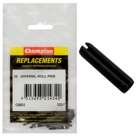 Champion Imperial Roll Pins in a pack of 20, sized 3/32" x 1", designed for reliable fastening and easy installation.