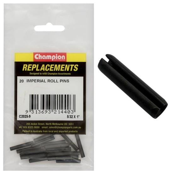 Pack of 20 Champion Imperial Roll Pins, 5/32" x 1", durable fasteners for machinery, woodworking, and metalwork applications.