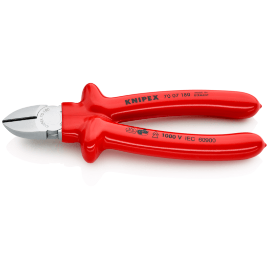 Knipex Diagonal Cutter 1000V-180mm, precision tool for clean cuts on soft and hard wires, ideal for electricians in tight spaces.