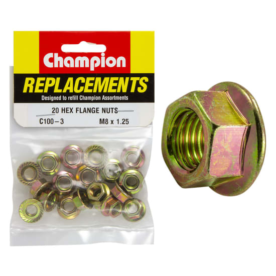 Durable Champion Hex Flange Nuts in a 20-pack, designed for M8 bolts, perfect for automotive and construction projects.