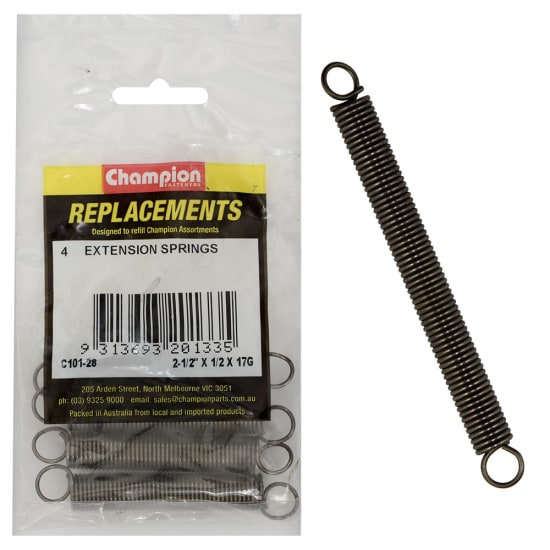 Durable Champion Extension Springs, 2-1/2" x 1/2", 17 gauge, pack of 4, perfect for DIY and professional repairs.